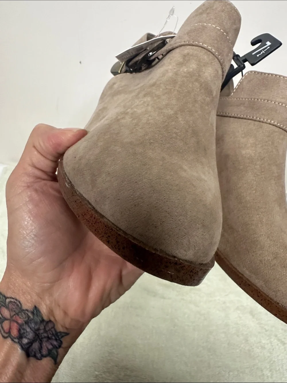 Time and Tru Taupe Suede like Ankle Booties with Side Buckle